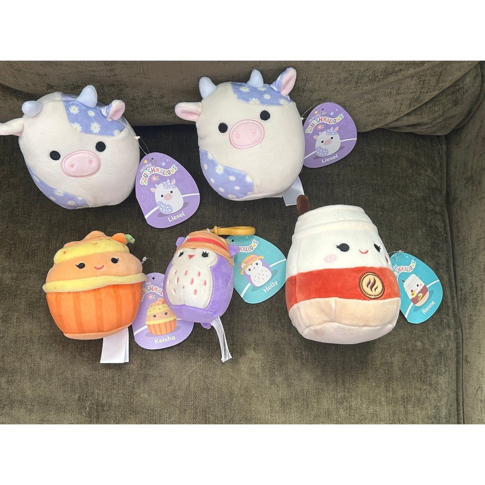 Squishmallows Bundle Liesel Daisy Cow Keisha Pumpkin Renne Latte Holly Clip 5pc - Picture 3 of 4